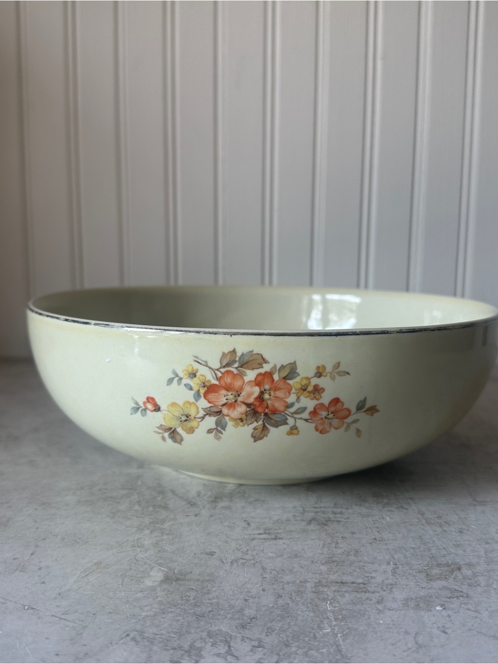 Hall China Gaillardia 9” Serving Bowl 1930’s EUC Uranium Glaze Platinum Rim Rare